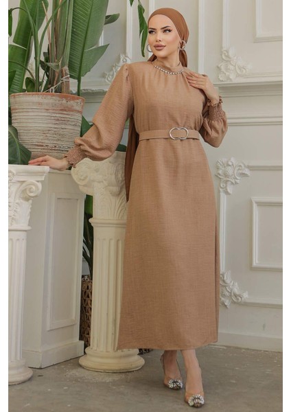 Kemerli Camel Tesettür Elbise 661C
