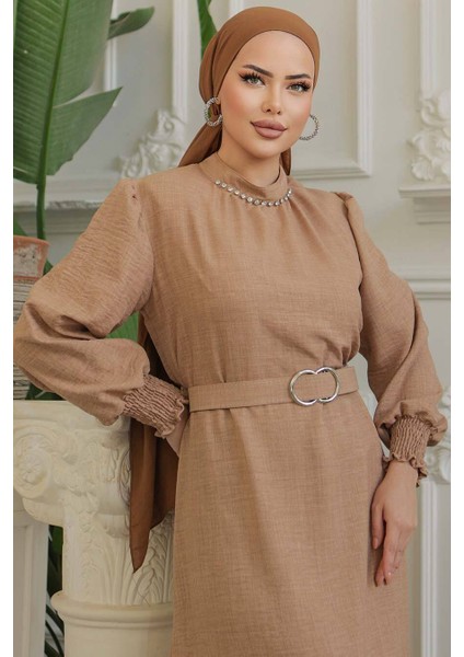 Kemerli Camel Tesettür Elbise 661C