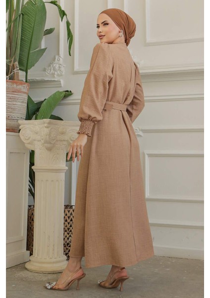Kemerli Camel Tesettür Elbise 661C