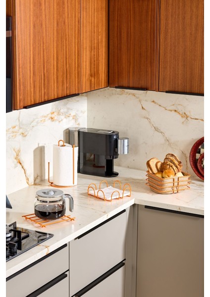 4'lü Turuncu Servis Sunum Seti, Peçetelik, Kağıt Havluluk, Ekmeklik Makrome, Nihale - Metal