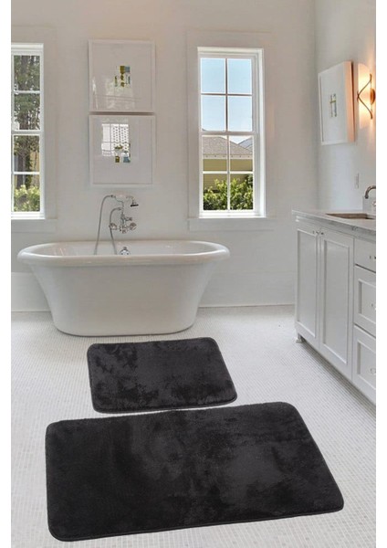 Relax Siyah Köşeli 60X100 + 50X60 cm 2'li Pufidik Banyo Paspası Seti Kaymaz Klozet Takımı