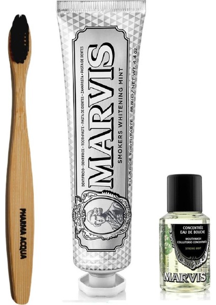 Bambu Diş Fırçası + Marvis Smokers Whitening Mint Diş Macunu 85 ml + Konsantre Ağız Gargarası 30 ml
