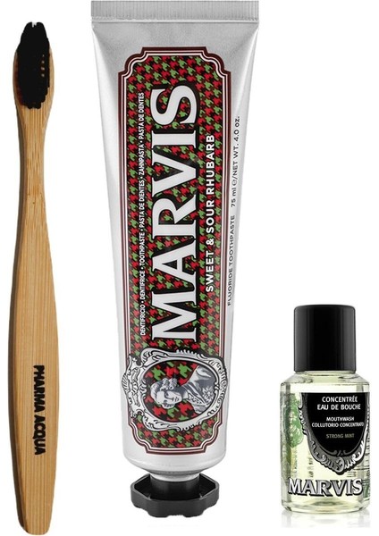 Bambu Diş Fırçası + Marvis Sweet & Sour Rhubarb Diş Macunu 75 ml + Konsantre Ağız Gargarası 30 ml