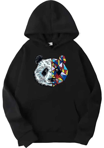 Siyah Panda Baskılı Kapüşonlu Sweatshirt