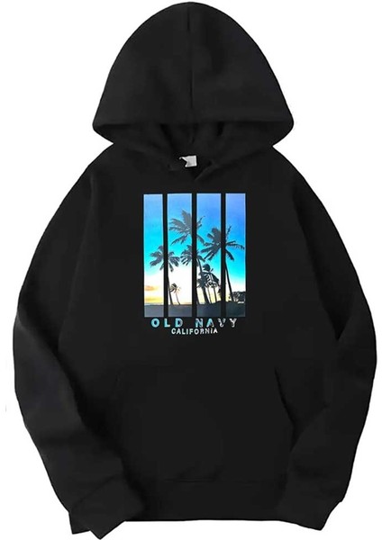 Siyah California Palmiye Baskılı Kapüşonlu Sweatshirt