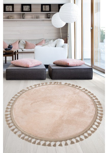 Relax Vizon Yuvarlak 120X120 cm Ponpon Saçaklı Kaymaz Tabanlı Makinede Yıkanabilir Banyo Paspası