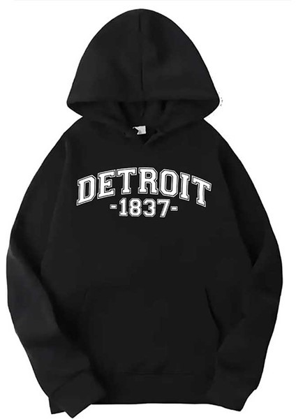 Siyah Detroit Baskılı Kapüşonlu Sweatshirt