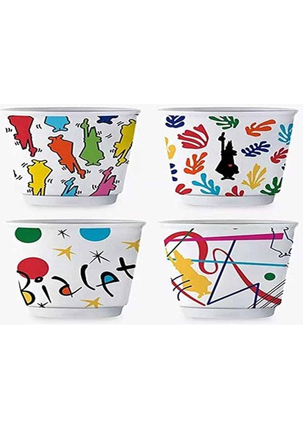 Bialetti - 4'lü Moka Kahve Bardak Seti - Kulpsuz Kahve Shot Bardağı - Bicchierini - Karma Renk - Arte Desen Serisi - Porselen