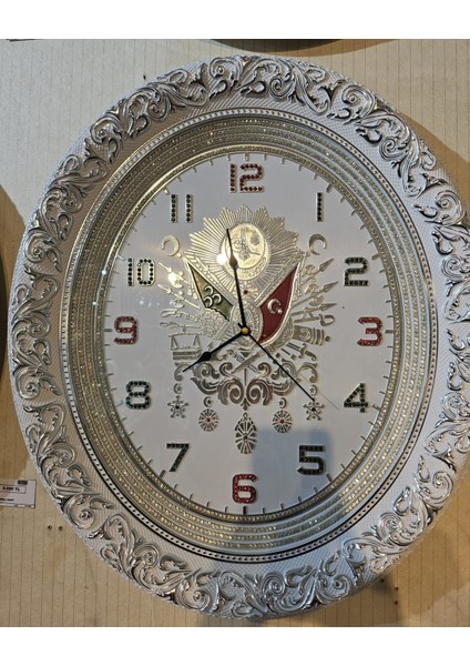 Osmanlı Tuğralı Saat 52*60 cm Beyaz Gümüş Beyaz