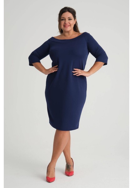 Kadın Lacivert Carmen Yaka Truvakar Kol Büyük Beden Esnek Krep Elbise modelleri