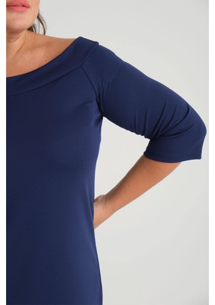 Kadın Lacivert Carmen Yaka Truvakar Kol Büyük Beden Esnek Krep Elbise indirimleri