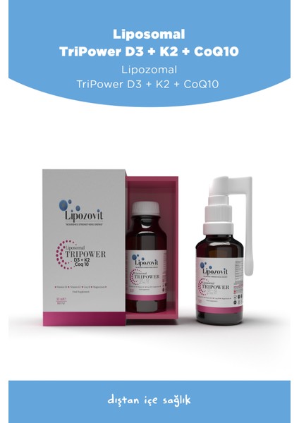 LİPOZOMAL TRİPOWER D3 + K2 + COQ10+MAGNEZYUM İÇEREN TAKVİYE EDİCİ SPREY/DAMLA