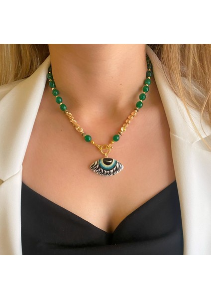 Yeşim Doğaltaş Gold Dorika Aksesuar Seramik Evil Eye Göz Nazar Uçlu El Yapımı Özel Tasarım Kolye