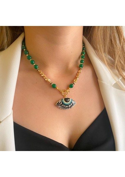 Yeşim Doğaltaş Gold Dorika Aksesuar Seramik Evil Eye Göz Nazar Uçlu El Yapımı Özel Tasarım Kolye fiyatları