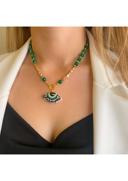 Yeşim Doğaltaş Gold Dorika Aksesuar Seramik Evil Eye Göz Nazar Uçlu El Yapımı Özel Tasarım Kolye modelleri