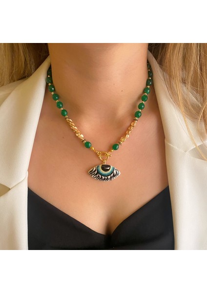 Yeşim Doğaltaş Gold Dorika Aksesuar Seramik Evil Eye Göz Nazar Uçlu El Yapımı Özel Tasarım Kolye fırsatları