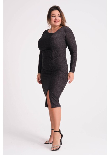 Kadın Siyah Drape ve Yırtmaç Detay Büyük Beden Esnek Simli Elbise fiyatları