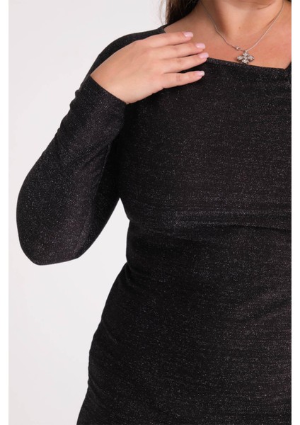 Kadın Siyah Drape ve Yırtmaç Detay Büyük Beden Esnek Simli Elbise indirimleri