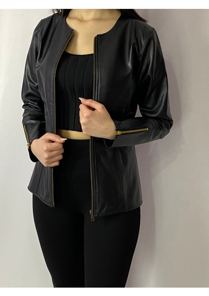 Kadın Deri Ceket Normal Kesim Düz Desenli Sezonsuz Kullanım 2020 Model