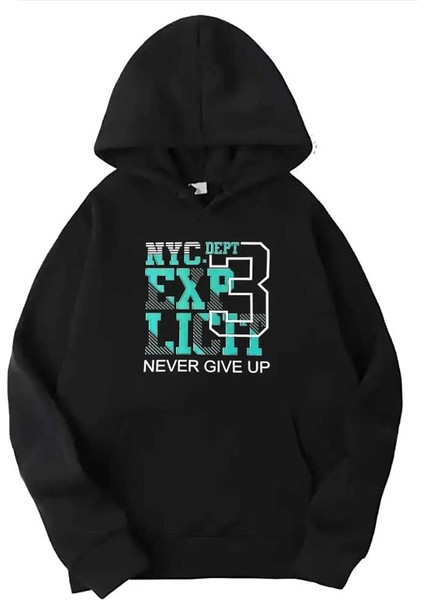 Siyah Nyc Baskılı Kapüşonlu Sweatshirt