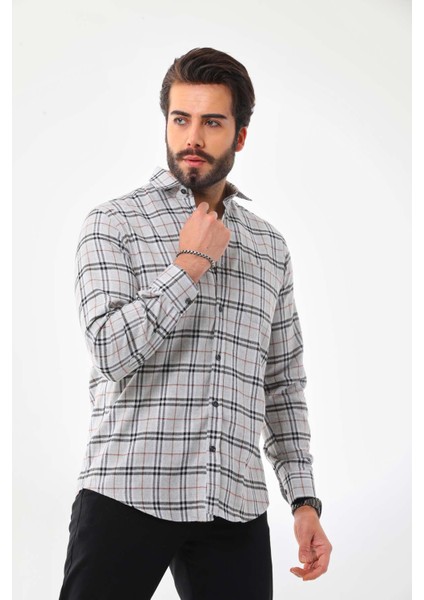 Erkek Cep Detaylı Çizgili Uzun Kol Pamuk Gömlek 019Hl Gri