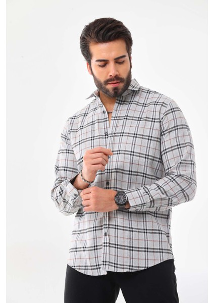 Erkek Cep Detaylı Çizgili Uzun Kol Pamuk Gömlek 019Hl Gri modelleri