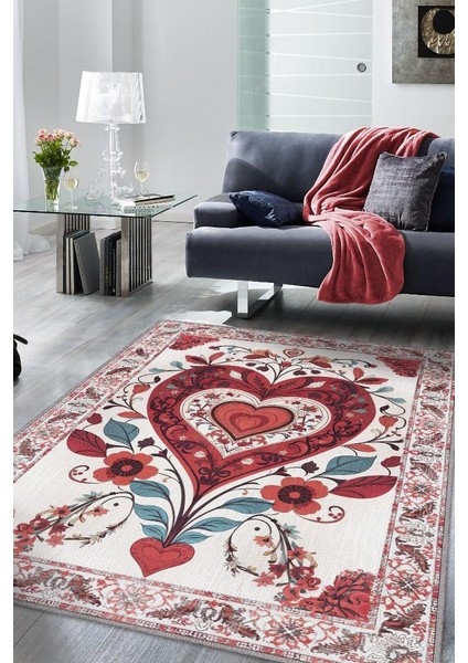 Sevgi Aşk Yer Etnik Desenli Salon Halısı Modern Oturma Odası Halısı Kırmızı Renkli Halı