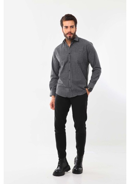 Erkek Cep Detaylı Uzun Kol Pamuk Gömlek 019Ns Füme fiyatları