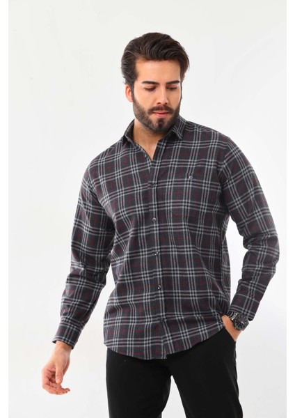 Erkek Çizgili Uzun Kol Pamuk Gömlek 419Zy Füme