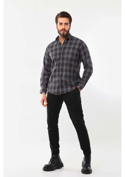 Erkek Çizgili Uzun Kol Pamuk Gömlek 419Zy Füme fiyatları