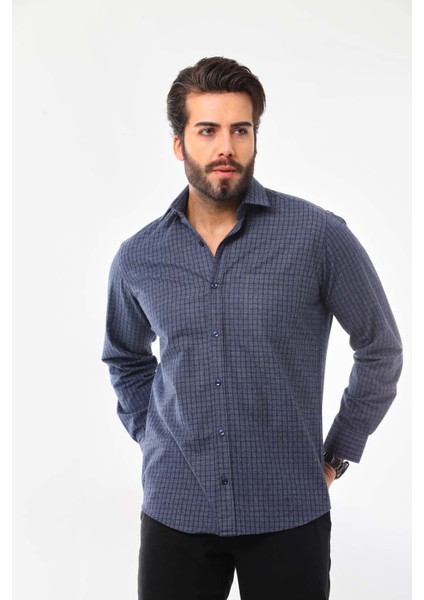 Erkek Cep Detaylı Uzun Kol Pamuk Gömlek 019Ns Indigo modelleri