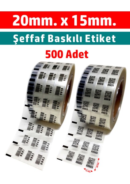 Şeffaf Baskılı Etiket Karekod Barkod Seri Numaralı 20X15MM 500 Adet