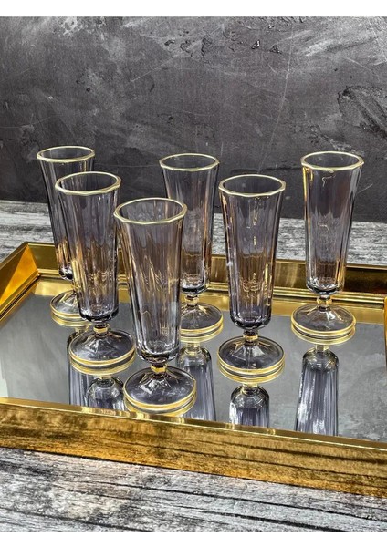 6 Lı Flüt Füme Rengi Kahve Yanı Su Bardağı Kadeh Kupa Bardak