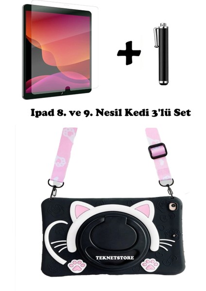 Ipad 8. ve 9. Nesil 10.2 Inç 2020 / 2021 Uyumlu Kedi Kılıf Standlı Askılı Eğlenceli 3'lü Set