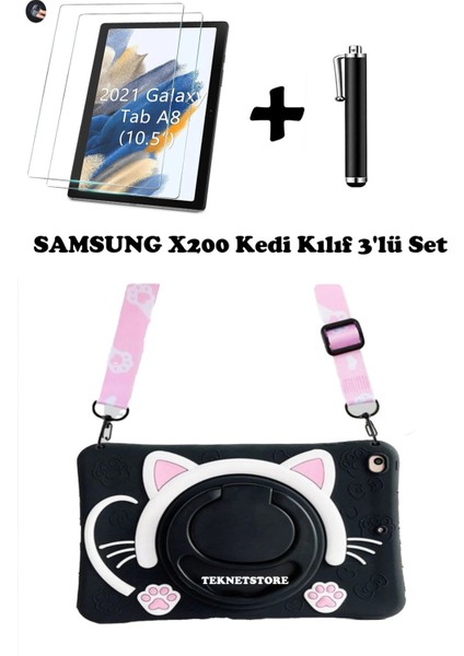 Samsung Galaxy Tab A8 10.5 (2021) SM-X200 Uyumlu Kedi Kılıf Çocuk Kılıfı Askılı Standlı 3'lü Set