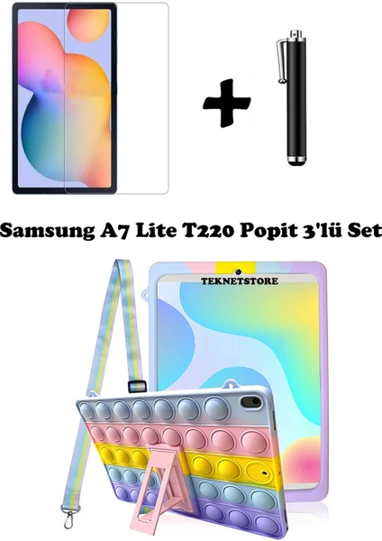 Samsung Galaxy Tab A7 Lite T220 T225 T227 Uyumlu Kedi Kılıf Askılı Standlı Koruyucu 3'lü Set