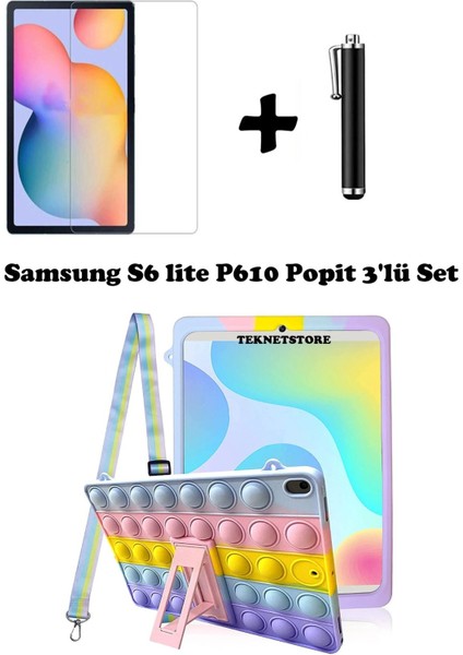 Samsung Galaxy Tab S6 Lite P610 10.4" Uyumlu Kedi Kılıf Askılı Standlı Koruyucu 3'lü Set Silikon