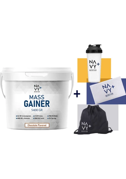 Navy Plus Nutrition 5400 gr Mass Gainer Çikolata Aromalı + Shaker + Askılı Çanta + Antrenman Havlusu