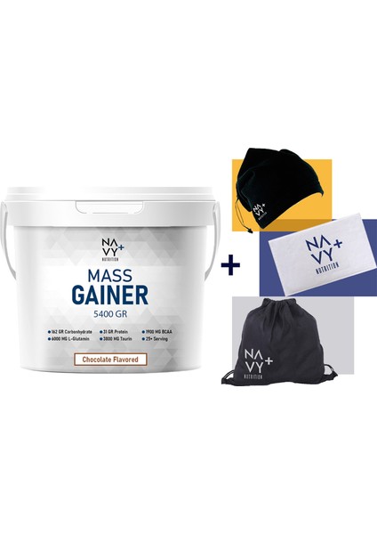 Navy Plus Nutrition 5400 gr Mass Gainer Çikolata Aromalı + Askılı Çanta + Boyunluk Bere + Antrenman Havlusu