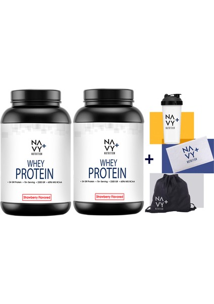 Navy Plus 2 Adet 2300 gr Whey Protein Tozu Çilek Aromalı + Shaker + Havlu + Çanta