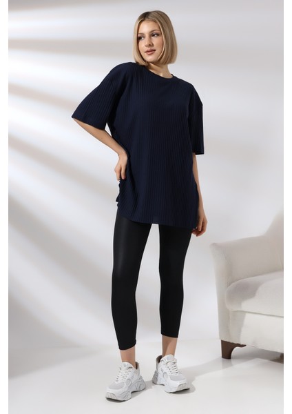 Oversize Yırtmaçlı Raporlu Tunik T-Shirt 21493 Lacivert