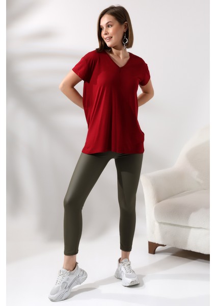 Salaş V Yaka Kısa Kol T-Shirt 19410 Bordo