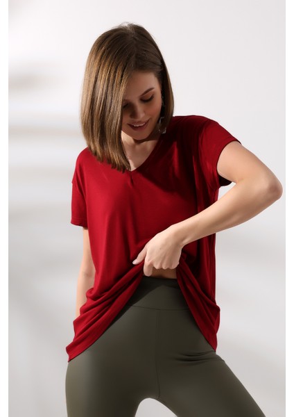 Salaş V Yaka Kısa Kol T-Shirt 19410 Bordo fiyatları