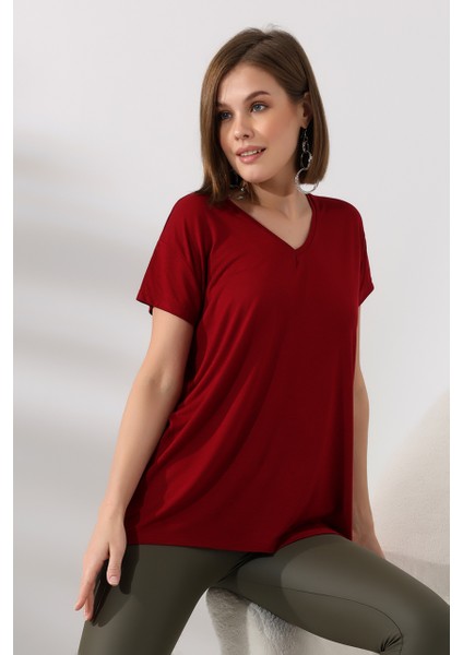 Salaş V Yaka Kısa Kol T-Shirt 19410 Bordo modelleri
