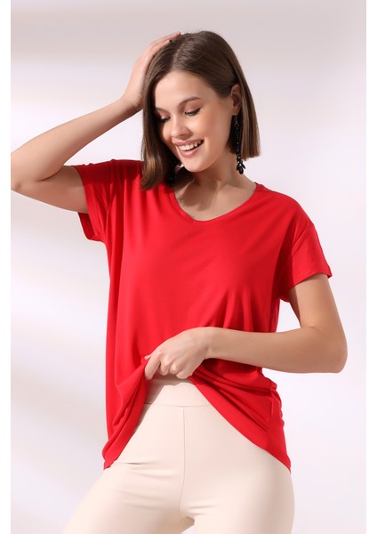 Salaş V Yaka Kısa Kol T-Shirt 19410 Kırmızı fiyatları