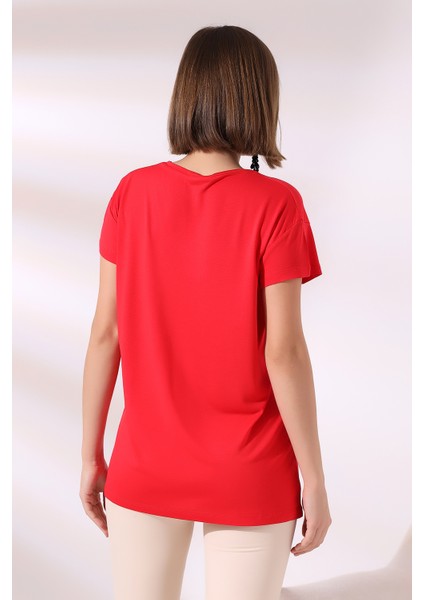 Salaş V Yaka Kısa Kol T-Shirt 19410 Kırmızı fırsatları
