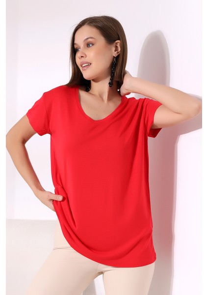 Salaş V Yaka Kısa Kol T-Shirt 19410 Kırmızı