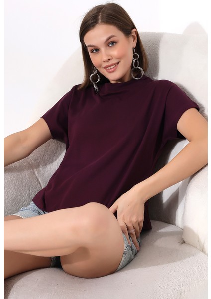 Dik Yaka Pamuklu T-Shirt 19588 Mor modelleri