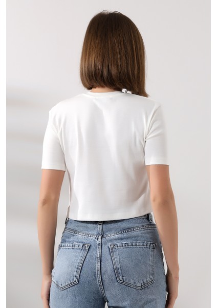 Pamuklu Ribana Bisiklet Yaka Crop T-Shirt 21560 Ekru