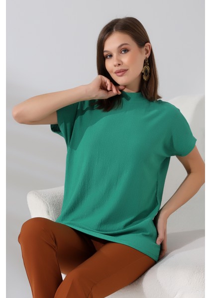 Bürümcük Kumaş Dik Yaka T-Shirt 21122 Benetton Yeşili modelleri